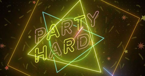 Neon Party Hard Text with Festive Confetti on Black