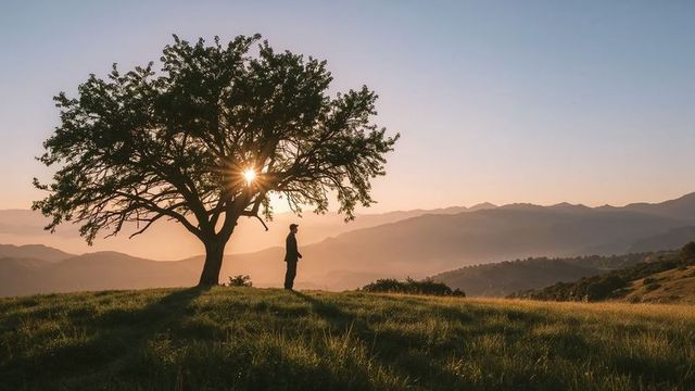 Hiker Embracing Nature Silhouetted by Sunset