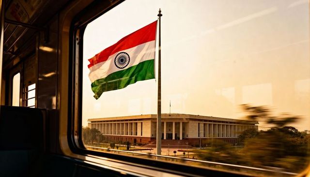 Indian flag fluttering by colonnaded government building from moving train at golden hour