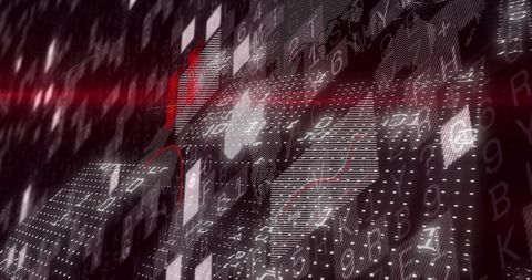 Tilted 3D Data Panels with Dot Grid, Checker Tiles and Red Trend Line for Digital Analytics
