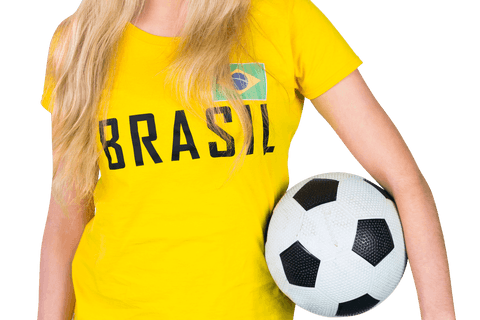 Blonde soccer fan holding ball with transparent background