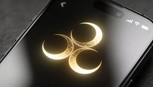 Glowing gold triple crescent emblem on black smartphone screen with sleek minimalist look