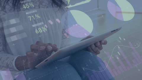 Woman Using Tablet with Digital Graphics Overlay