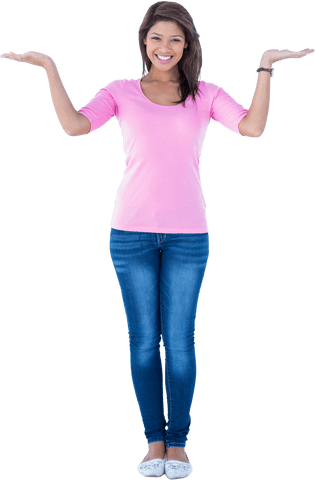 Joyful Brunette Presenting Gesture Transparent Background