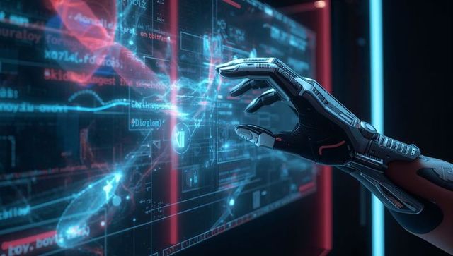 Robotic Forearm Reaching Through Holographic Interface with Neon Blue-Red Data Panels