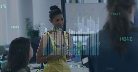 Biracial businesswoman leading team discussion with data visualization