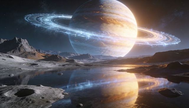 Ringed gas giant over lunar lake reflecting rings across alien cratered plain
