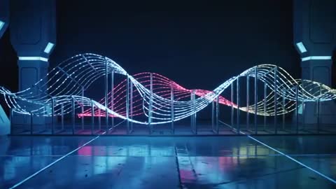 Animating LED Ribbon Wave Sculpture Looping Lights in Dark Modern Hall with Reflections