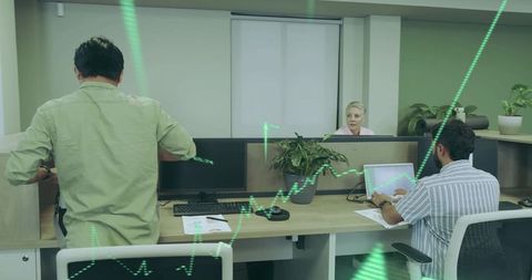 Team collaboration on stock data in modern office environment