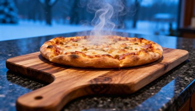 Steaming neapolitan pizza resting on wooden paddle on dark granite counter with snowy window