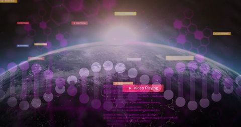 Futuristic earth horizon with holographic data overlay and purple hex grid visualization