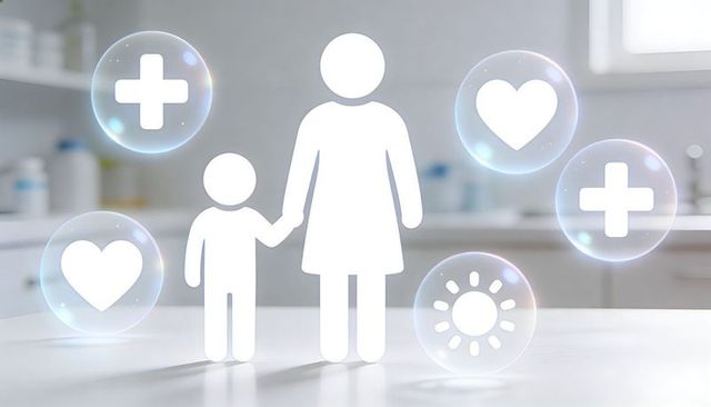Holding hands mother and child with medical hologram bubbles representing family health and care