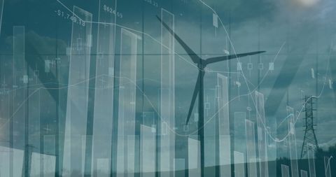 Renewable Energy Finance Concept with Wind Turbine and Data Graphs