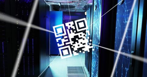Qr code hologram over lap expanding server room animation