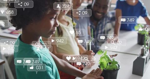 Children exploring indoor gardening in stem classroom with social media engagement overlay