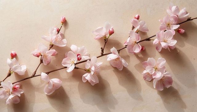 Delicate pale pink cherry blossoms blooming on branch casting soft shadows on beige marble