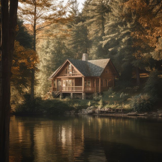 Rustic cabin nestled by a serene lake amidst autumn-colored forest, perfect for promoting travel destinations, nature retreats, cozy getaways, and relaxation spots. The peaceful reflection on the water and lush surroundings enhance the feeling of tranquility, ideal for showcasing holiday rentals, eco-friendly retreats, or scenic beauty.