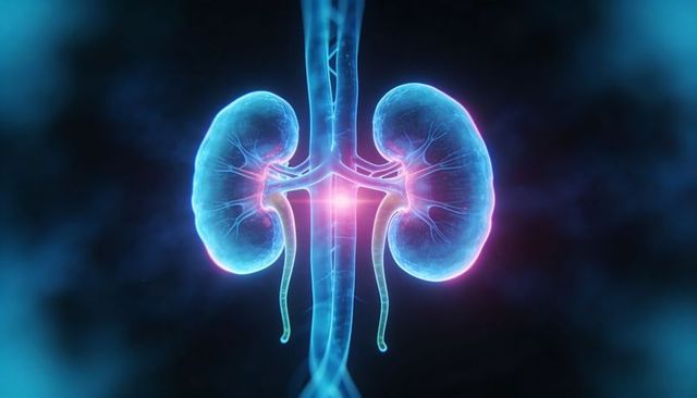 Neon kidneys with branching vessels and ureters 3d medical illustration for nephrology