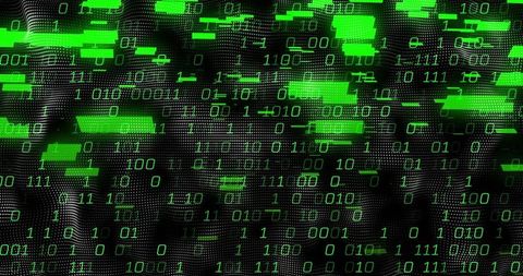 Green binary code stream on pixelated virtual grid