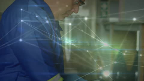 Business Technology with Caucasian Man Using Tablet and Digital Network Overlay