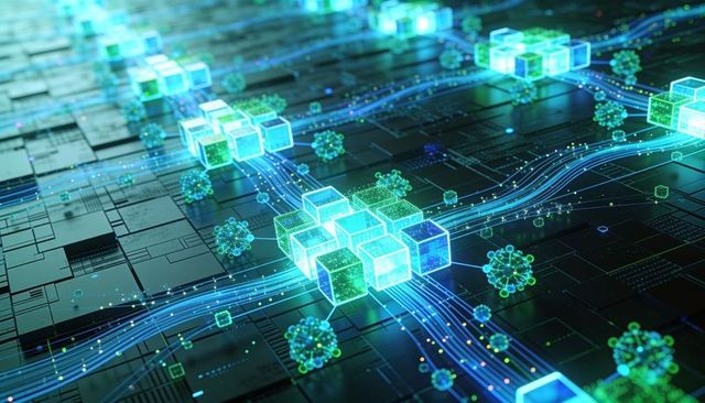 Glowing data cube network streaming neon blue signals across futuristic circuit grid