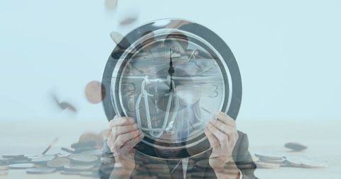 Businessman hiding behind clock with falling coins symbolizing time and money