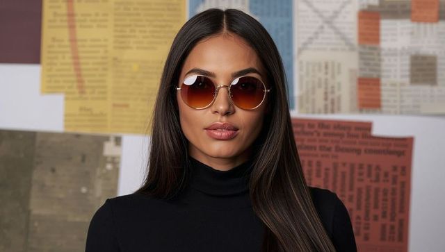 Fashion Model in Black Turtleneck with Trendy Gradient Sunglasses