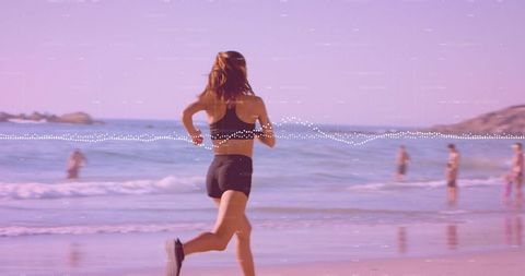 Woman Running on Beach at Sunrise with Sound Waves Effect