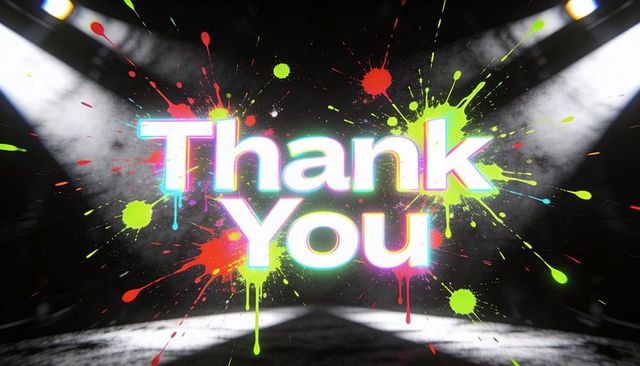 Glowing 3d thank you text splattering neon paint on dramatic studio stage