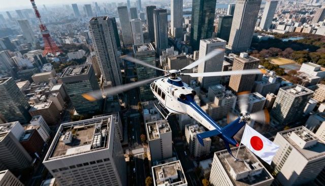 Flying helicopter streaming japanese flag over tokyo skyline with skyscrapers and park