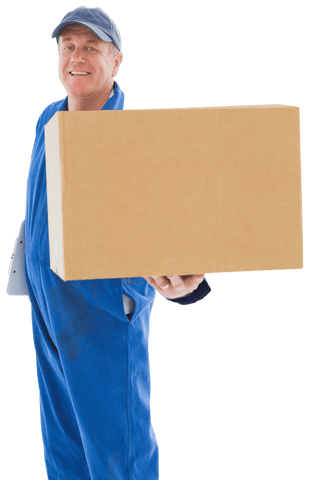 Smiling delivery worker presenting cardboard box transparent background