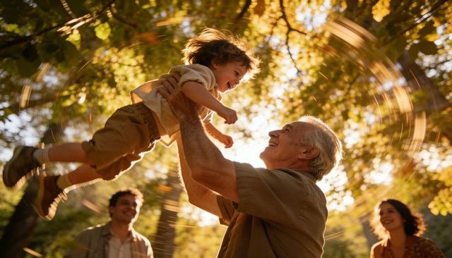 Grandfather lifting toddler through sunlit tree canopy, joyful multigenerational family