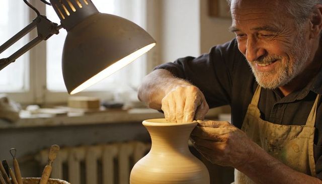Senior artisan shaping clay vase on pottery wheel in warm studio light, smiling