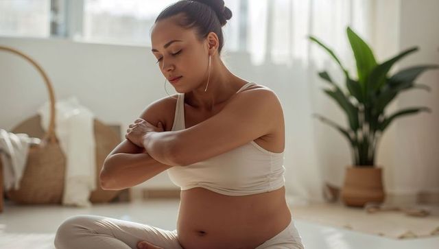 Pregnant woman meditating in light activewear practicing prenatal yoga with earbuds