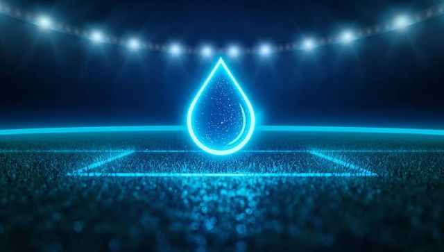 Hovering neon cyan water droplet over stadium turf night futuristic holographic glow art