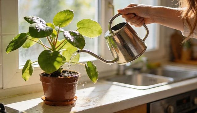 Sunlit pilea plant watering on kitchen windowsill with stainless steel watering can