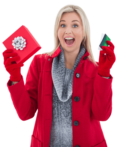 Smiling Woman Holding Red Gift and Credit Card with Transparent Background