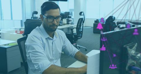 Businessman in Office Analyzing Digital Connections Network