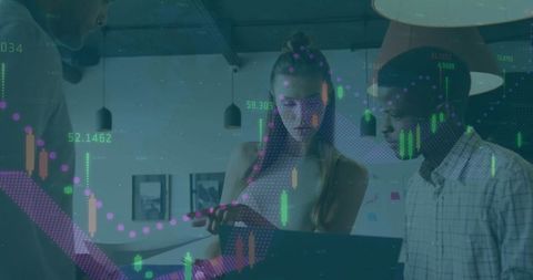 Team Analyzing Financial Data with Candlestick Chart in Modern Workspace