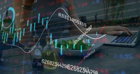 Overlay of Stock Market Graph with Woman Taking Photo of Salad