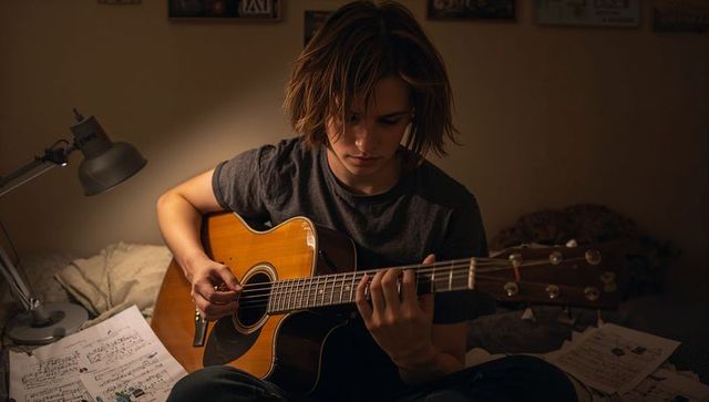 Teenager practicing acoustic guitar in cozy bedroom with lamp and scattered sheet music