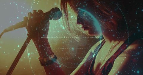 Young Singer Performing with Futuristic Digital Overlay