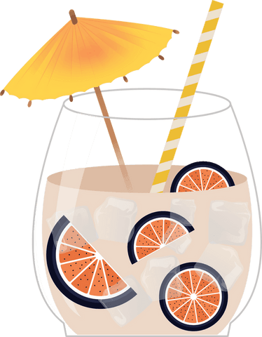 Tropical cocktail with citrus and umbrella in transparent glass