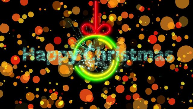 Festive greeting animation displaying 'Happy Christmas' message with glowing neon bauble and floating dots is perfect for holiday-themed designs, seasonal advertisements, digital greetings, and social media posts to spread cheer and festive vibes.