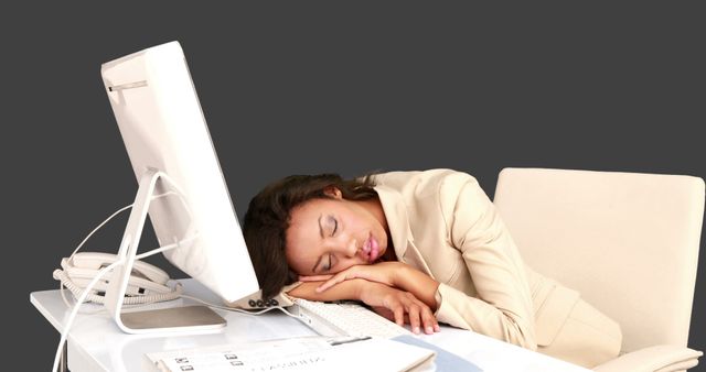 Tired Businesswoman Sleeping at Desk with Computer - Download Free Stock Images Pikwizard.com