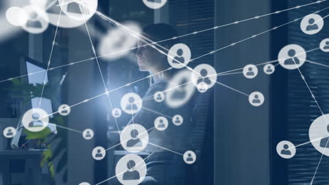 Businesswoman Analyzing Networking Connections in Modern Office