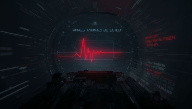 Futuristic hud vitals anomaly alert with red ecg waveform in cyberpunk pod console