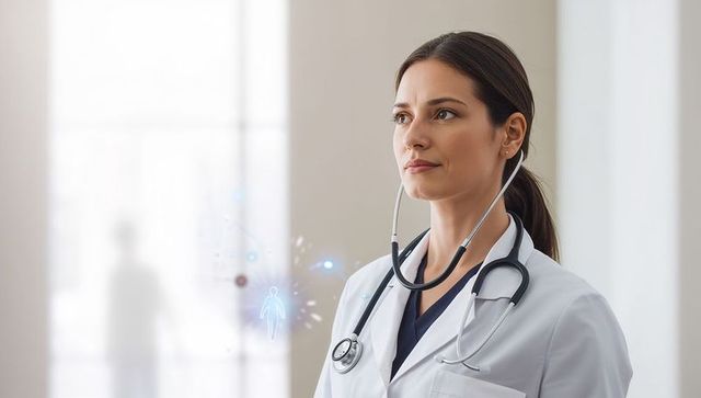 Female doctor wearing stethoscope and white coat with holographic digital health icons