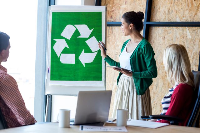 Colleagues in a modern office discussing recycling strategies during a meeting. A woman is presenting a recycling sign on a whiteboard, emphasizing sustainability and eco-friendly practices. This image can be used for articles, blogs, or promotional materials related to environmental awareness, corporate social responsibility, and green business initiatives.