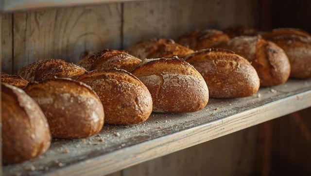 Rows of artisanal breads on rustic bakery shelf